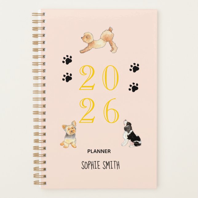 Agenda Cães com aquarela Cachorros Rosa 2026 Planner (Frente)