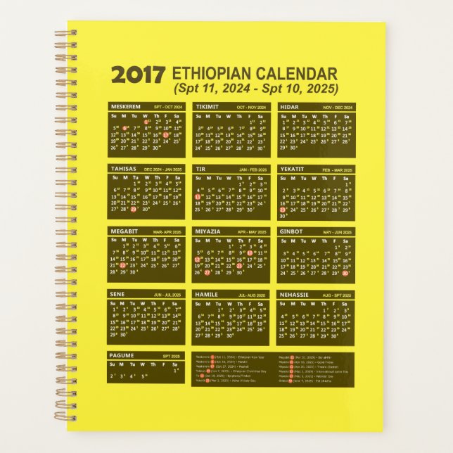Agenda Calendário etíope 2017 Ano 2024 e 2025 (Frente)