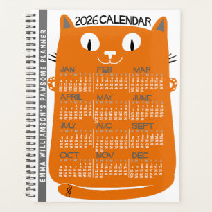 Agenda Calendário Mensal do Ano de 2026 Gato Laranja Mead