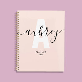 Agenda Caligrafia de Monograma Rosa Bege Feminino