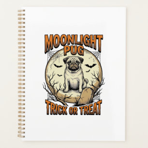 Agenda Camiseta de Halloween Pug com Lua de Gravura Vinta