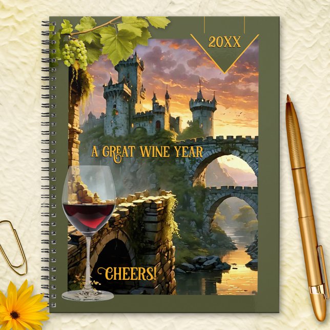 Agenda Campanha Única de Vinho do Castelo (Planner featuring a fantasy scene with a glass of wine, grapes and a castle at sunset)