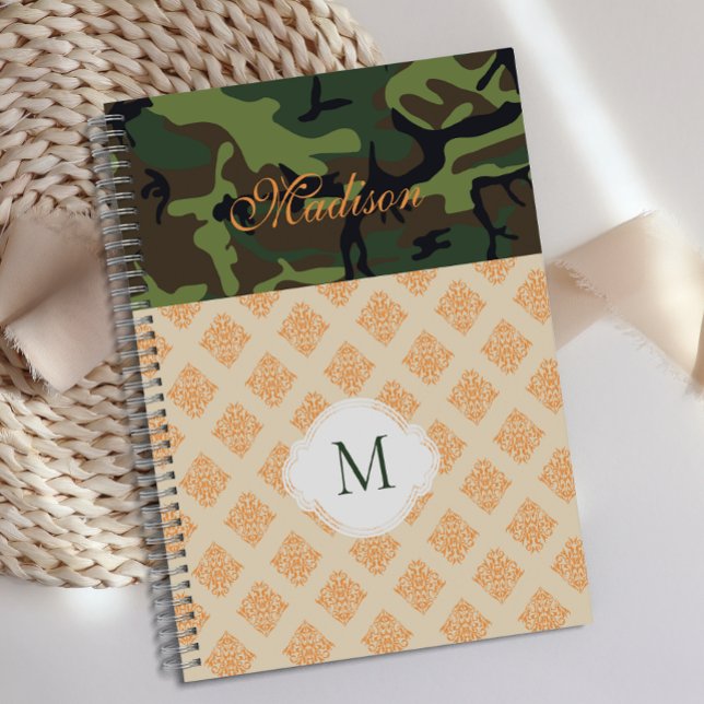 Agenda Camuflagem Laranja Damask Trendy Monograma (Criador carregado)