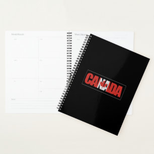 Agenda Canadá, texto vermelho e branco e folha de bordo,