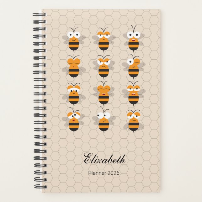 Agenda Cartoon Cute Funny Honey Bee Honeycomb 2026 (Frente)