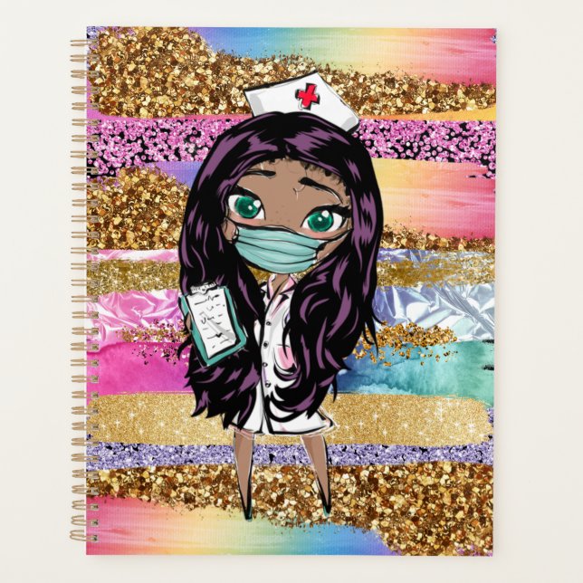 Agenda Cartoon de enfermeira Glitter arco-íris RN (Frente)