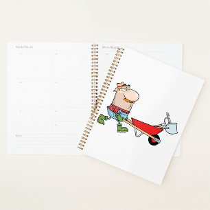 Agenda Cartoon Farmer com Wheelbarrow e Ferramentas