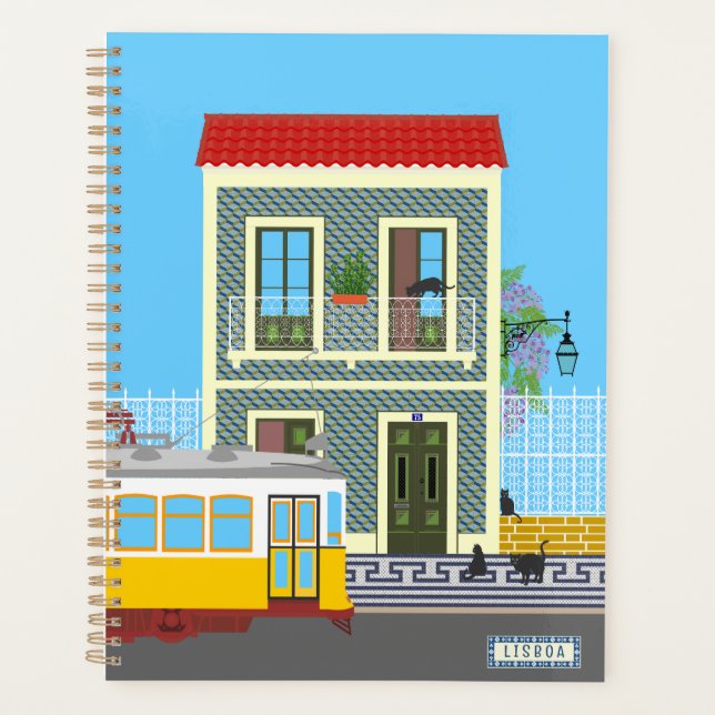 Agenda Casa velha de Lisboa com gatos e elétrico amarelo (Frente)