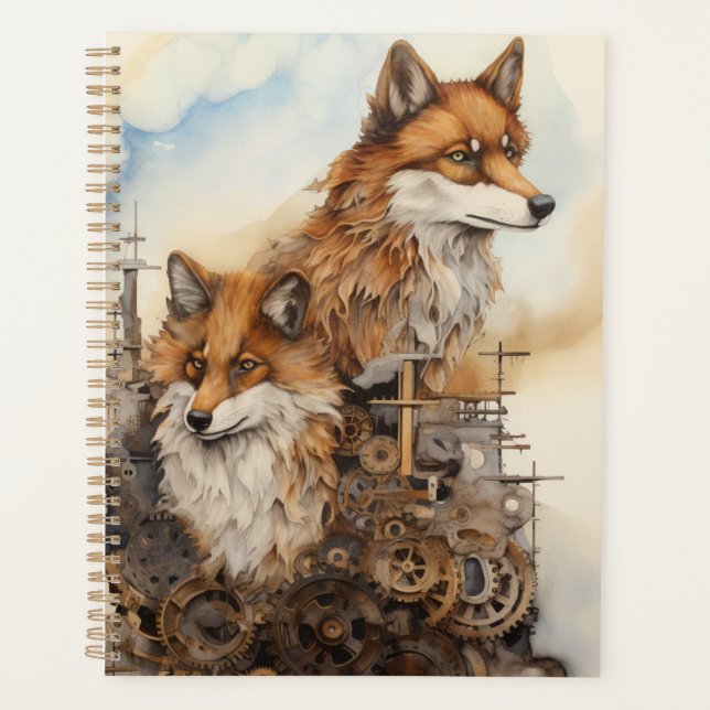 Agenda Casal de Raposa Vermelha Steampunk Watercolor 3 (Frente)