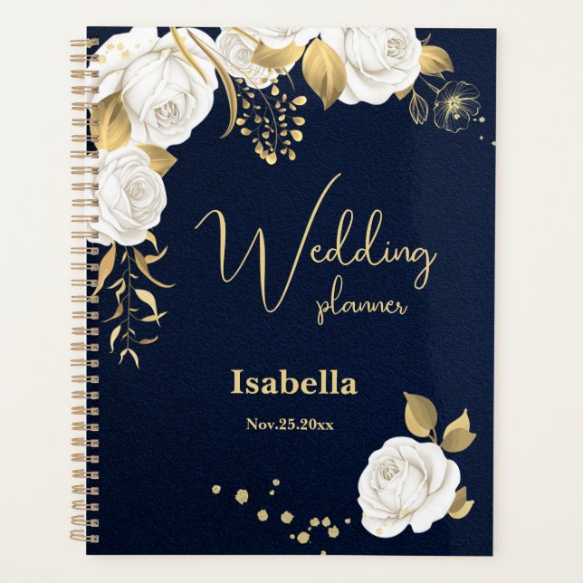 Agenda casamento azul com marinho floral branco (Frente)