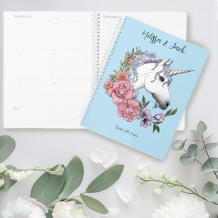 Agenda Casamento Azul de Flores Cor-de-Rosa Branco