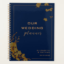 Agenda Casamento Azul de Marinho Floral Dourado Elegante
