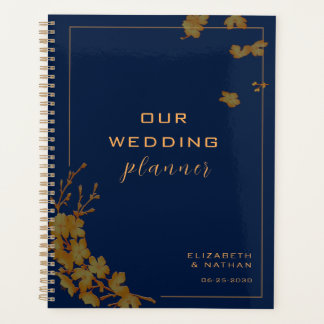 Agenda Casamento Azul de Marinho Floral Dourado Elegante