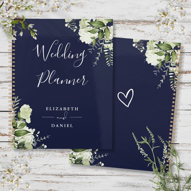 Agenda Casamento Azul Marinho de Floral Verde Elegante (Elegant Floral Greenery Navy Blue Wedding Planner)