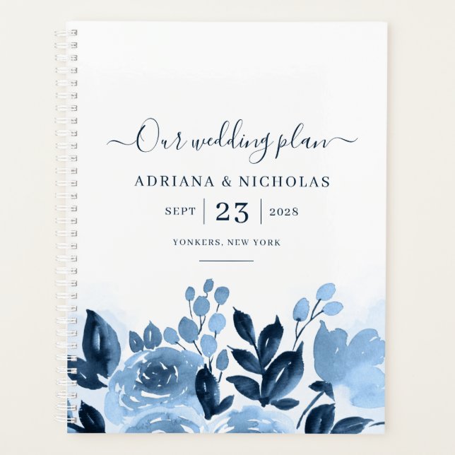 Agenda Casamento Azul Naval Floral Script Aquarela (Frente)