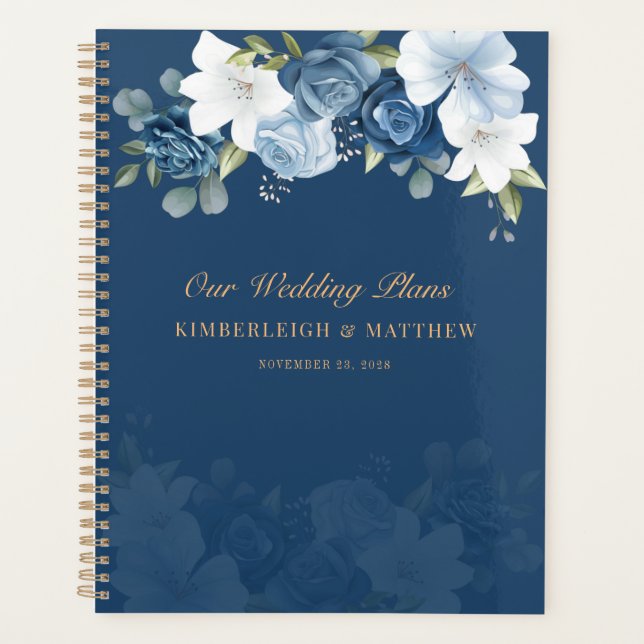 Agenda Casamento Botânico Floral Azul Empoeirado (Frente)