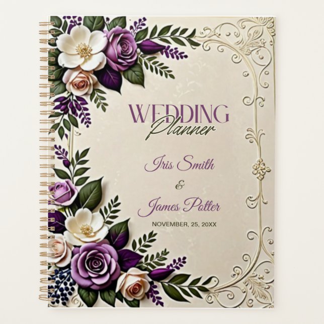 Agenda Casamento Botânico Floral de Creme Roxo Suave (Frente)