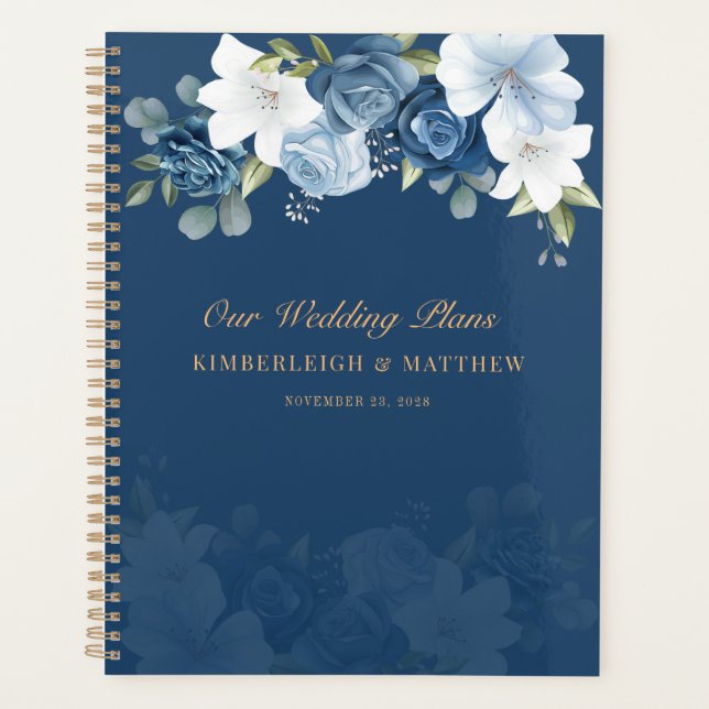 Agenda Casamento Botânico Floral em Azul Desbotado (Frente)