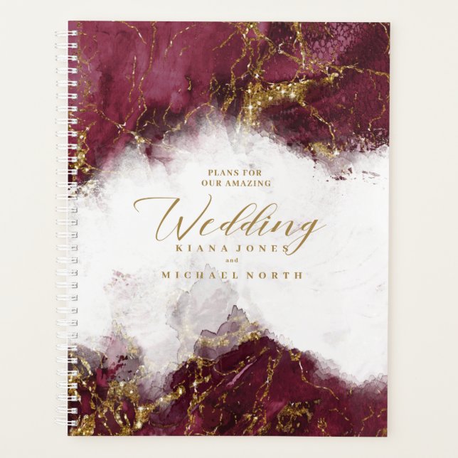 Agenda Casamento Brilho de Mármore Burgundy Dourado ID644 (Frente)