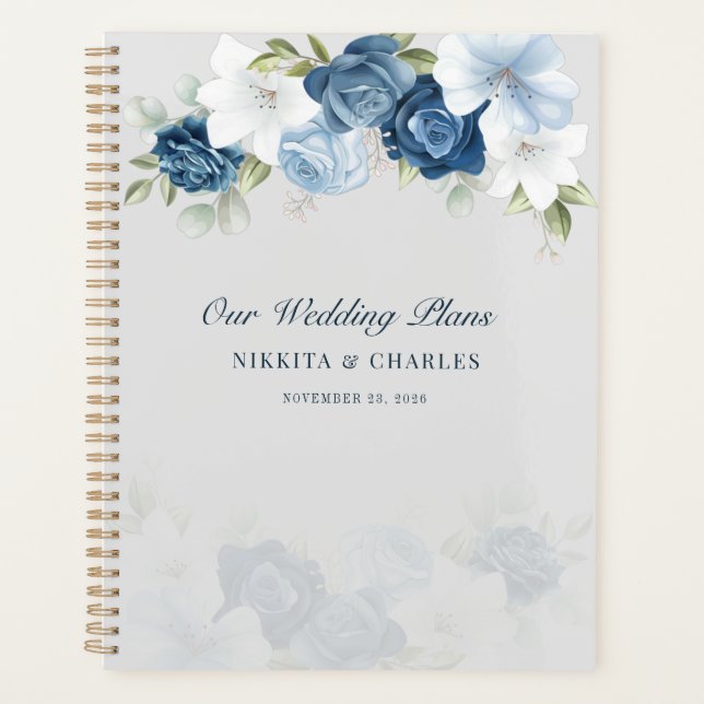 Agenda Casamento com Aquarela Floral Azul Empoeirado (Frente)