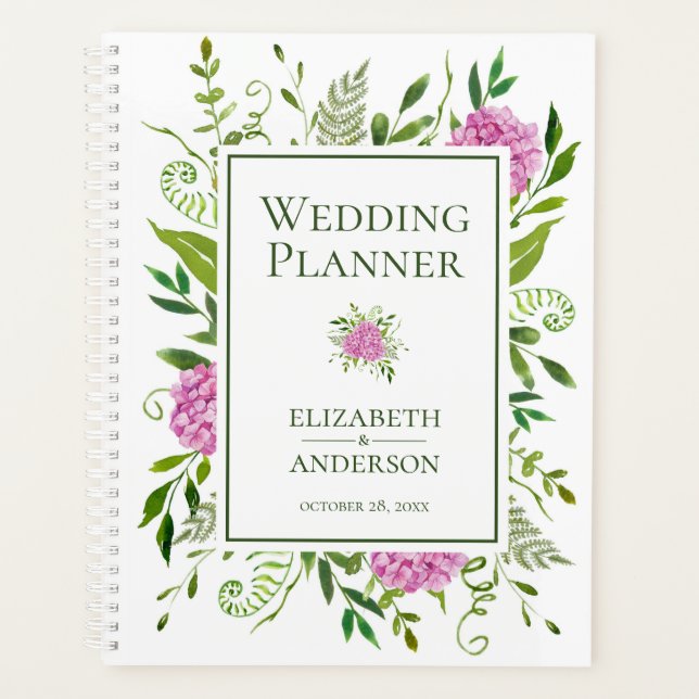 Agenda Casamento com Aquarela Floral de Hortênsias Rosa (Frente)