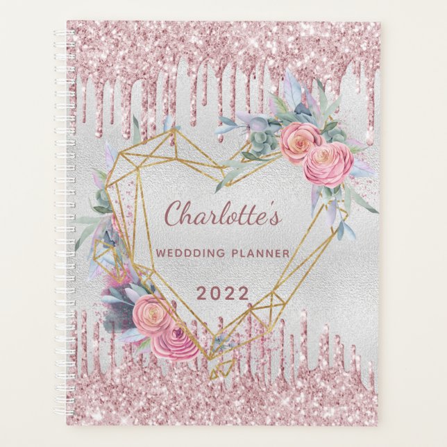 Agenda Casamento com brilho rosa floral prateado (Frente)