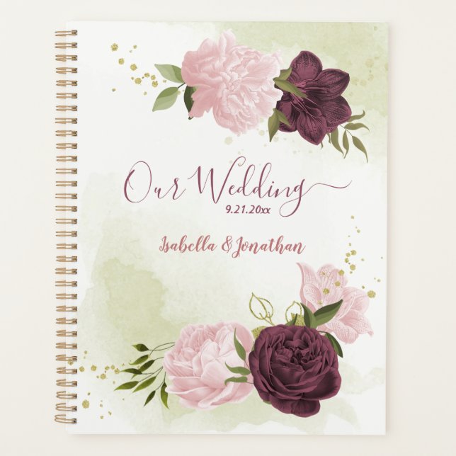 Agenda Casamento com Cabernet e flores cor-de-rosa folhag (Frente)