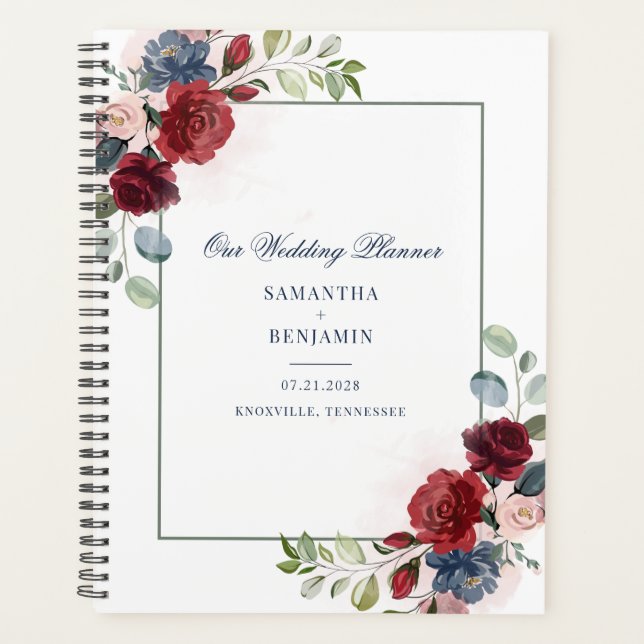 Agenda Casamento com Grafismo Floral Botânico em Burgundy (Frente)