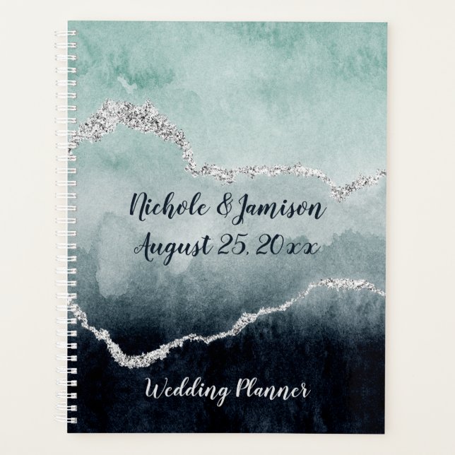 Agenda Casamento com Teal, Emerald, Marinho e Prata Geode (Frente)