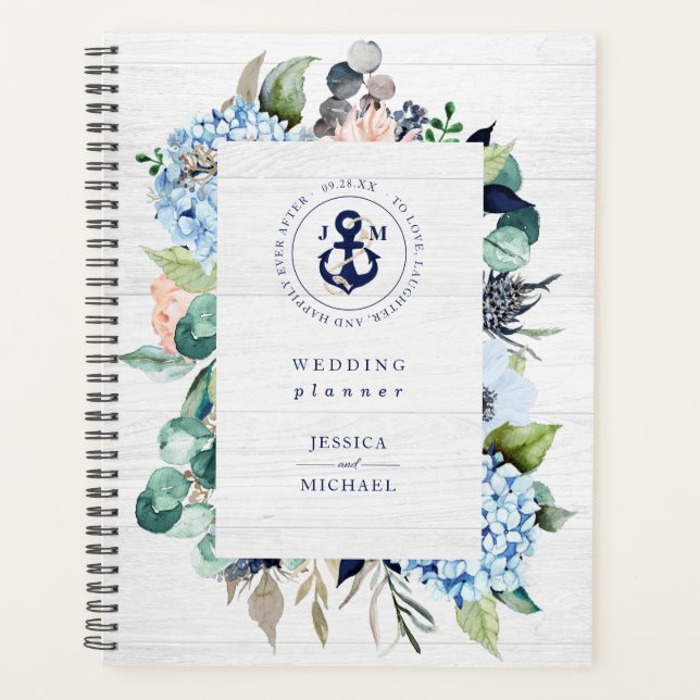 Agenda Casamento de Âncora Náutica Floral da Rústica Aqua (Frente)
