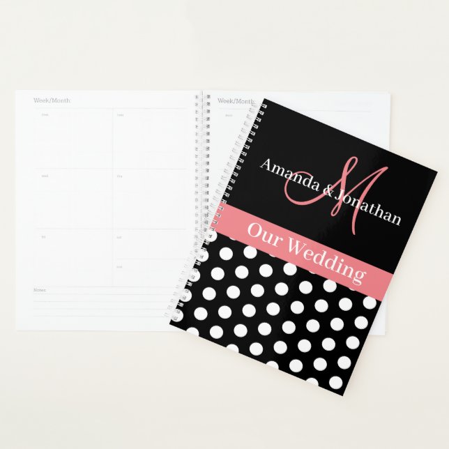 Agenda Casamento de Bolinhas de Script Rosa-Branco-Preto (Exibição)