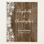 Agenda Casamento de Caligrafia Rústica Barn White Lace<br><div class="desc">Madeira de celeiro russa e design de rendas brancas com aparas brancas. Os nomes da noiva e do noivo aparecem no estilo moderno de caligrafia branca.</div>