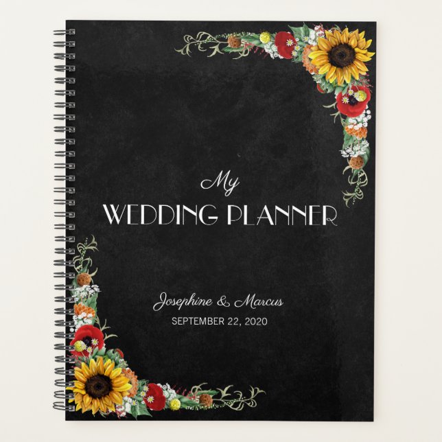 Agenda Casamento de Campo Russo de Chalkboard de Sunflowe (Frente)