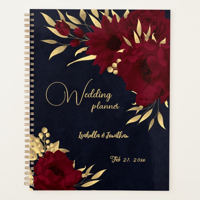 Agenda Casamento de Chic Burgundy e marinho de ouro (Frente)