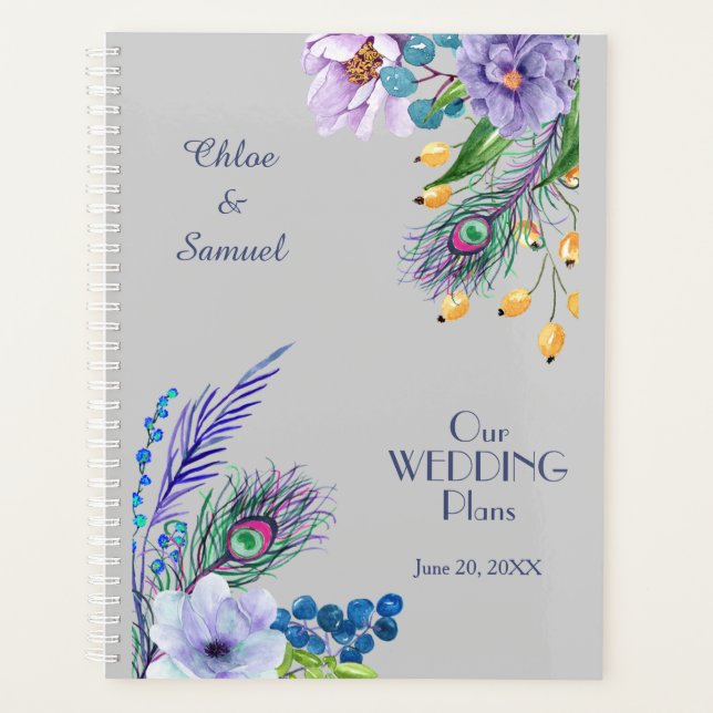 Agenda Casamento de Feather Floral Blue Boho (Frente)