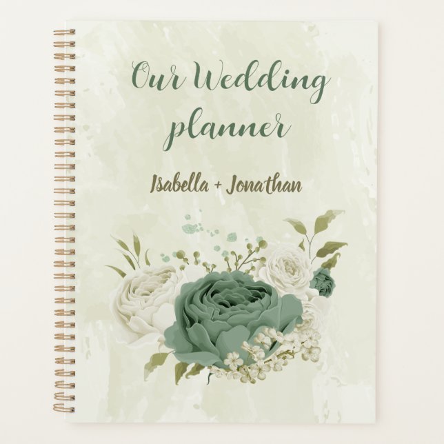 Agenda casamento de flores brancas verde salvia (Frente)