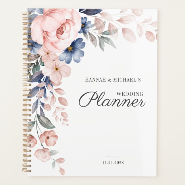 Agenda Casamento de Flores de Rosa em Aquarela com Letra  (Frente)