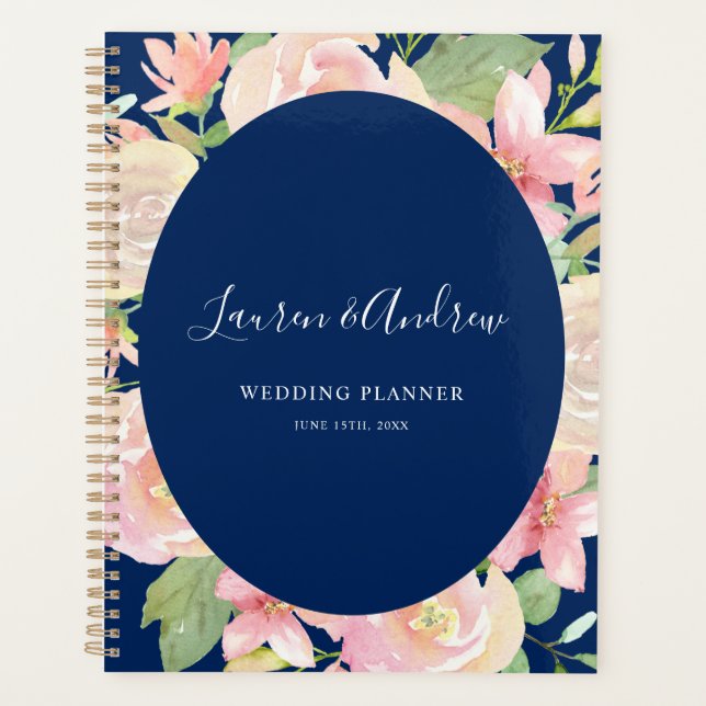 Agenda Casamento de Frame Floral de Blush Azul-Marinho El (Frente)