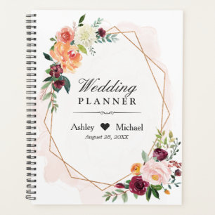 Agenda Casamento de Frame Geométrico Dourado Floral Rosa