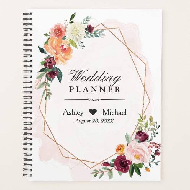 Agenda Casamento de Frame Geométrico Dourado Floral Rosa- (Frente)