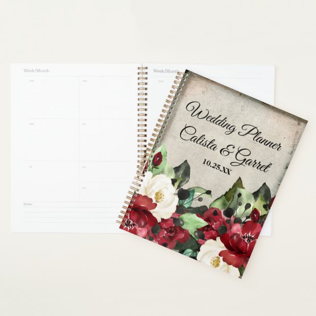 Agenda Casamento de Gótico Floral Vermelho Escuro Elegant (Exibição)