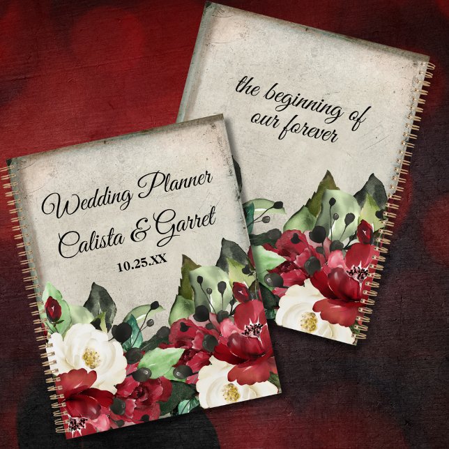 Agenda Casamento de Gótico Floral Vermelho Escuro Elegant (Criador carregado)