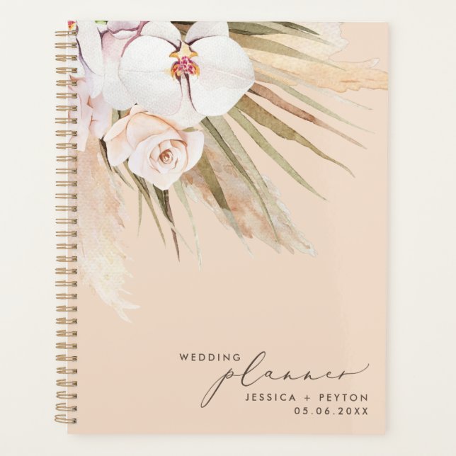 Agenda Casamento de Grama e Caligrafia Pampas de Aquarela (Frente)