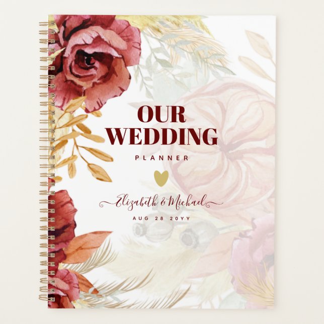 Agenda Casamento de Grass Rosa Pampas Burgundy BOHO (Frente)