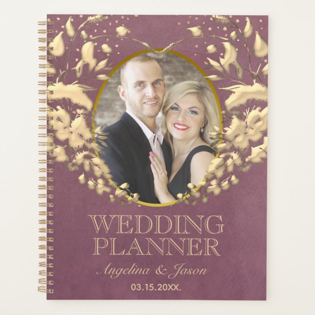 Agenda Casamento de Luxo Foto Coração Roxo e Dourado (Frente)