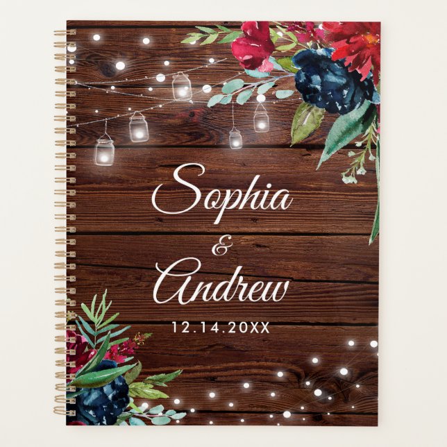 Agenda Casamento de Luzes Florais Rustic Wood Burgundy (Frente)