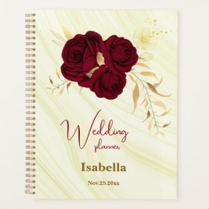 Agenda casamento de mármore floral dourado borgonha