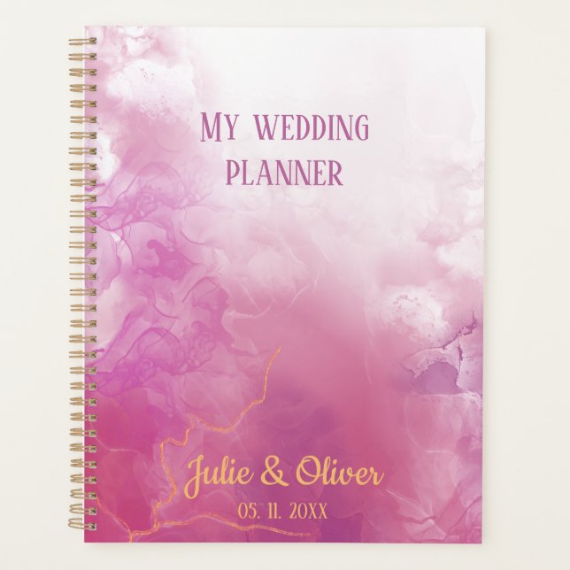 Agenda Casamento de nome personalizado de tinta rosa (Frente)