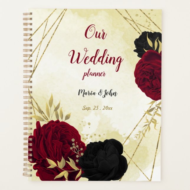 Agenda Casamento de ouro de flores negras e vermelhas (Frente)