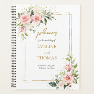 Agenda Casamento de ouro eucalipto com rosas rosadas e es